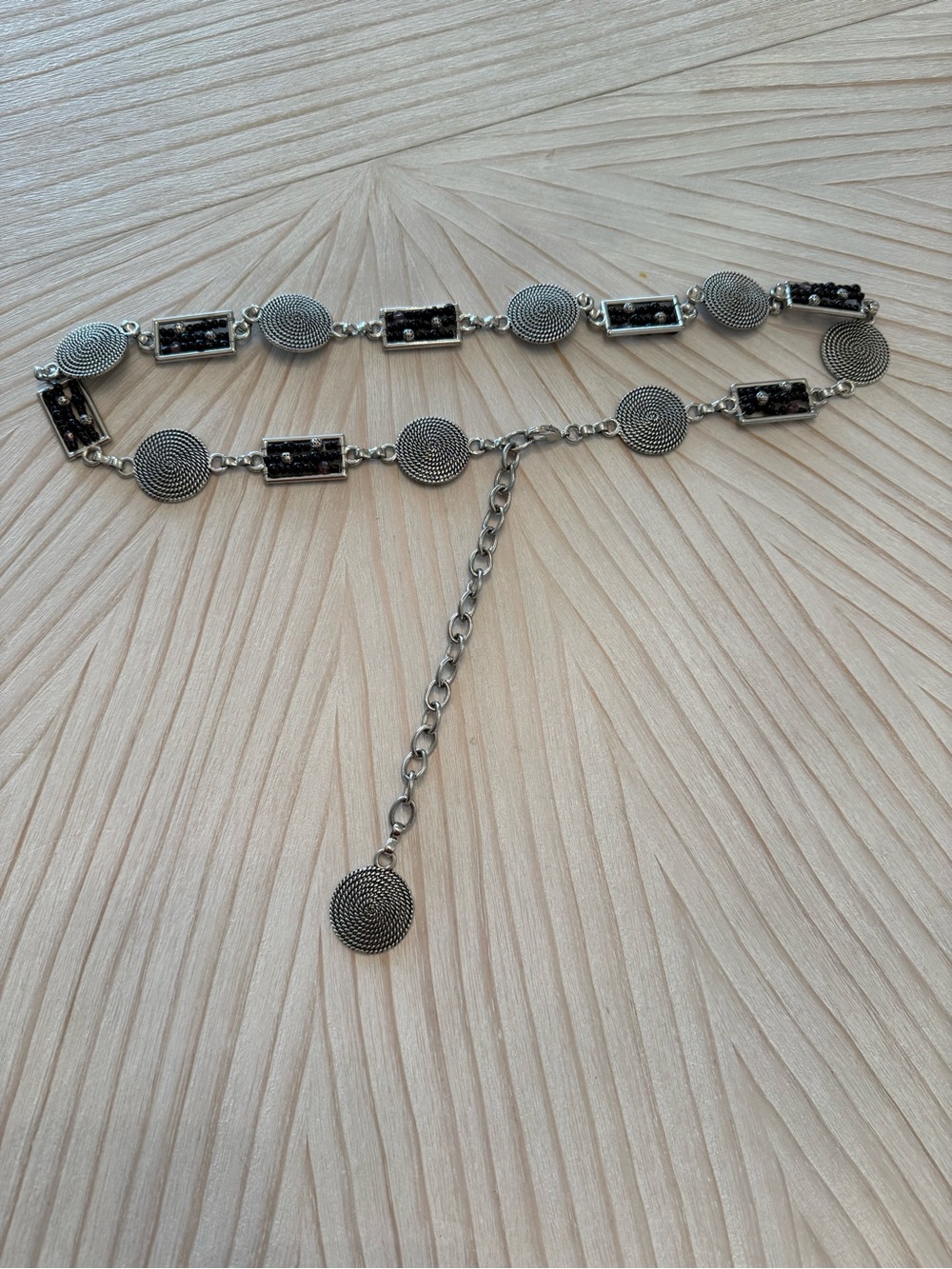 Silver-Tone & Black Bead Chain Link Waist Belt -